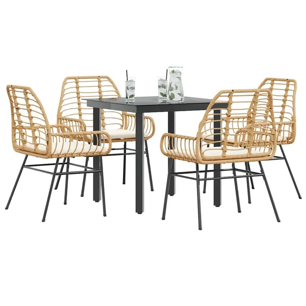 Ensemble à manger jardin coussins 5pcs marron poly rotin verre