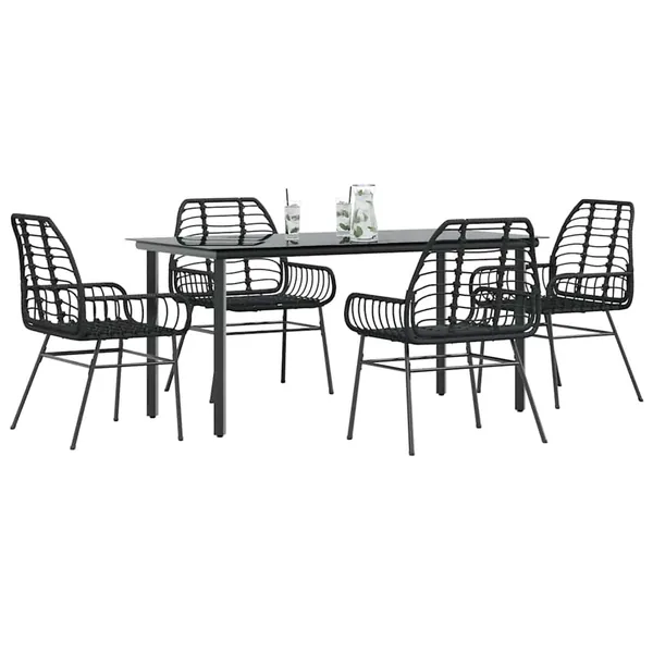 Ensemble à manger de jardin 5 pcs noir résine tressée verre