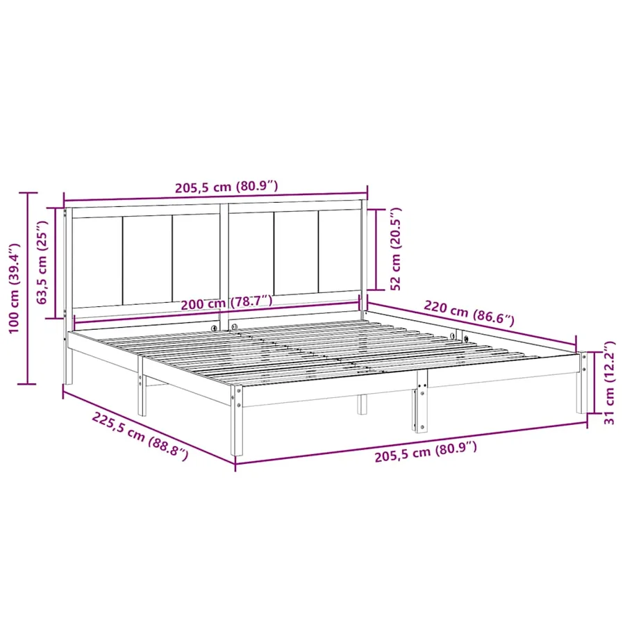 Cadre de lit extra long sans matelas 200x220 cm bois massif - 9