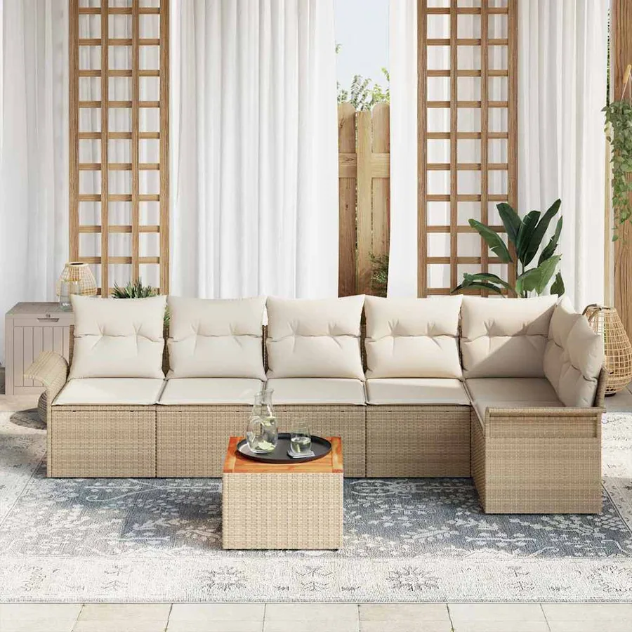 Ensemble de canapé de jardin avec coussin 7 pcs Beige polyrotin - 3