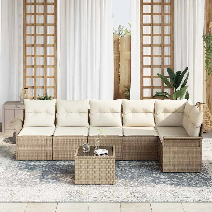 Ensemble de canapé de jardin avec coussin 7 pcs Beige polyrotin - 3