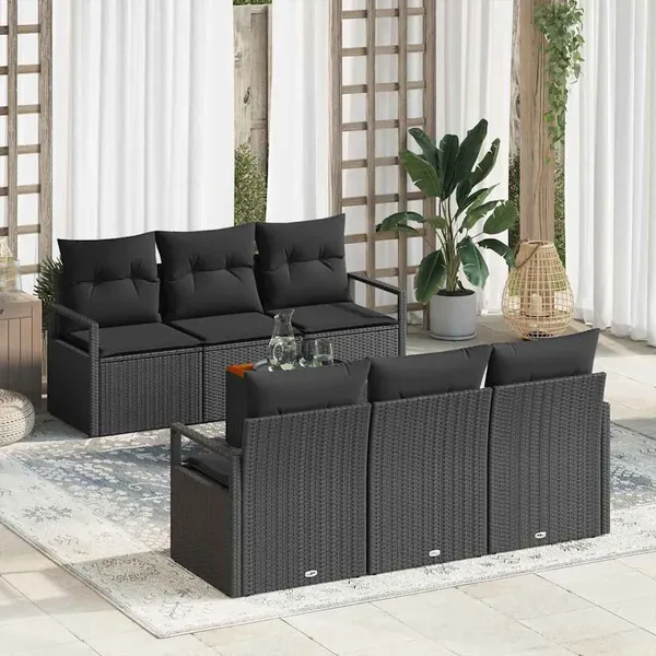 Ensemble de canapé de jardin avec coussin 7 pcs Noir polyrotin