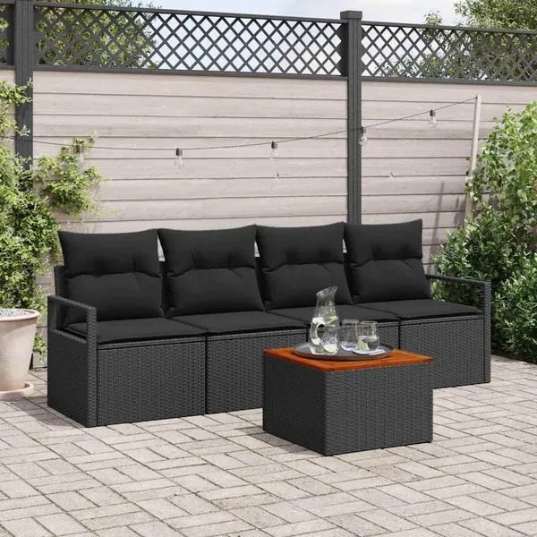 Ensemble de canapé de jardin avec coussin 5 pcs Noir polyrotin