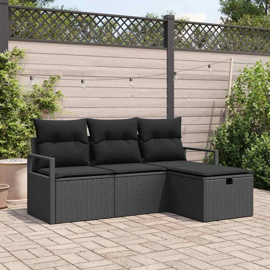 Ensemble de Canapés avec coussin 4 pcs Noir polyrotin