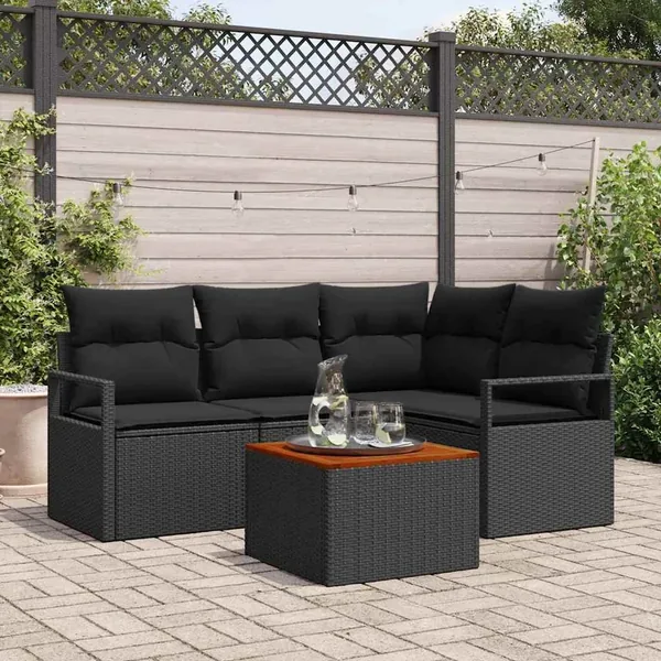 Ensemble de canapé de jardin avec coussin 5 pcs Noir polyrotin