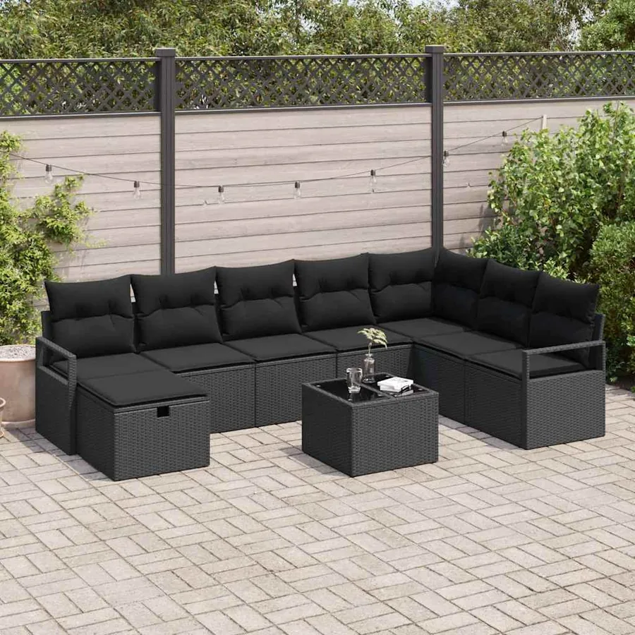 Ensemble de Canapés avec coussin 9 pcs Noir polyrotin