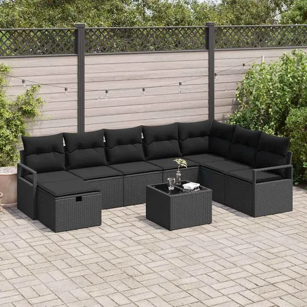 Ensemble de Canapés avec coussin 9 pcs Noir polyrotin