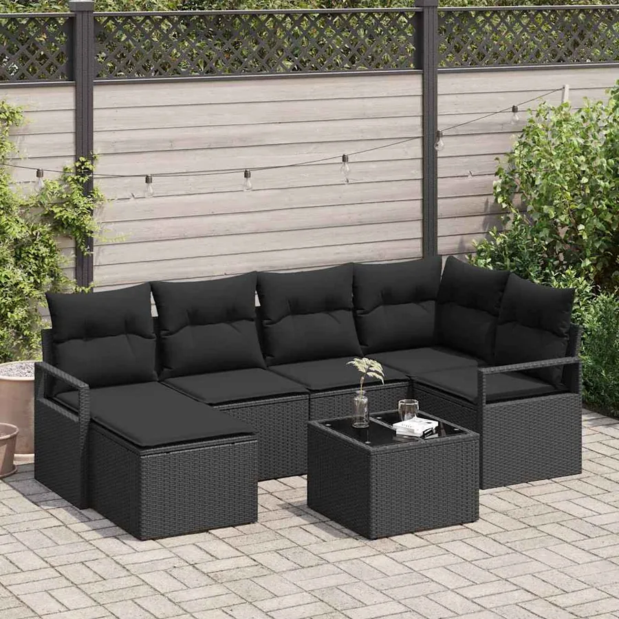 Ensemble de Canapés avec coussin 7 pcs Noir polyrotin
