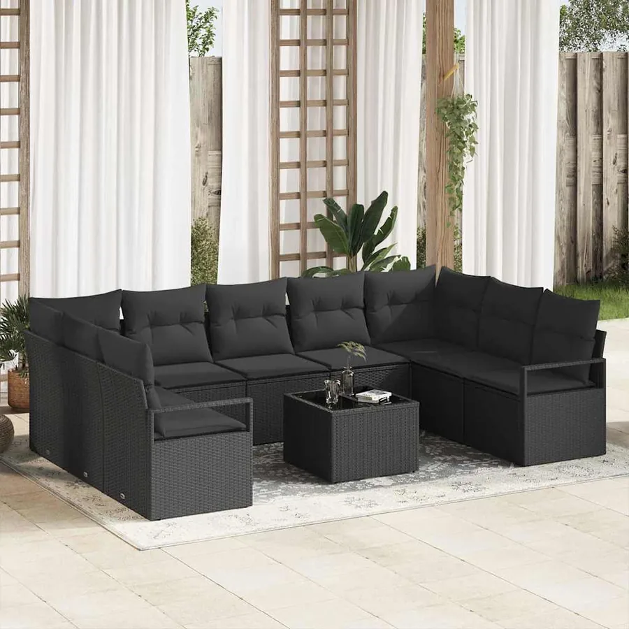 Ensemble de Canapés avec coussin 10 pcs Noir polyrotin