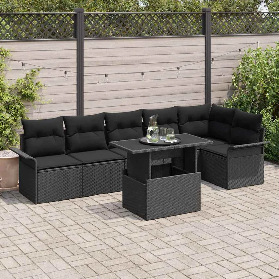Ensemble de canapé de jardin avec coussin 7 pcs Noir Poly rotin