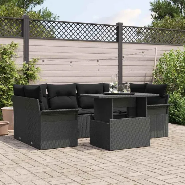 Ensemble de canapé de jardin avec coussin 7 pcs Noir Poly rotin