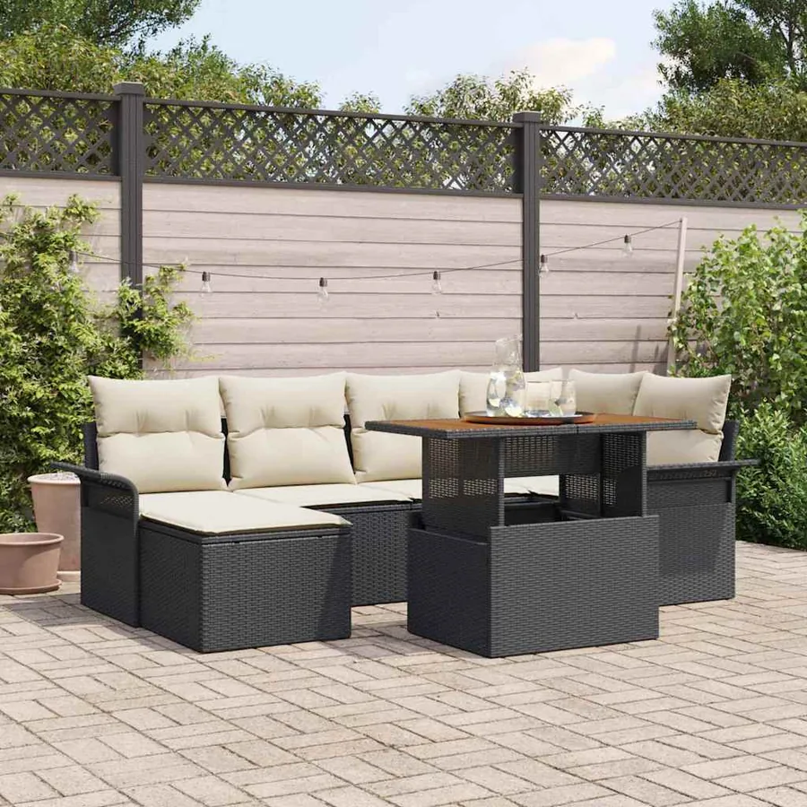 Ensemble de canapé de jardin 7 pcs Noir Poly rotin