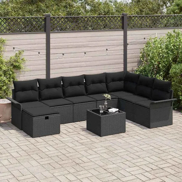 Ensemble de canapé de jardin avec coussin 9 pcs Noir polyrotin