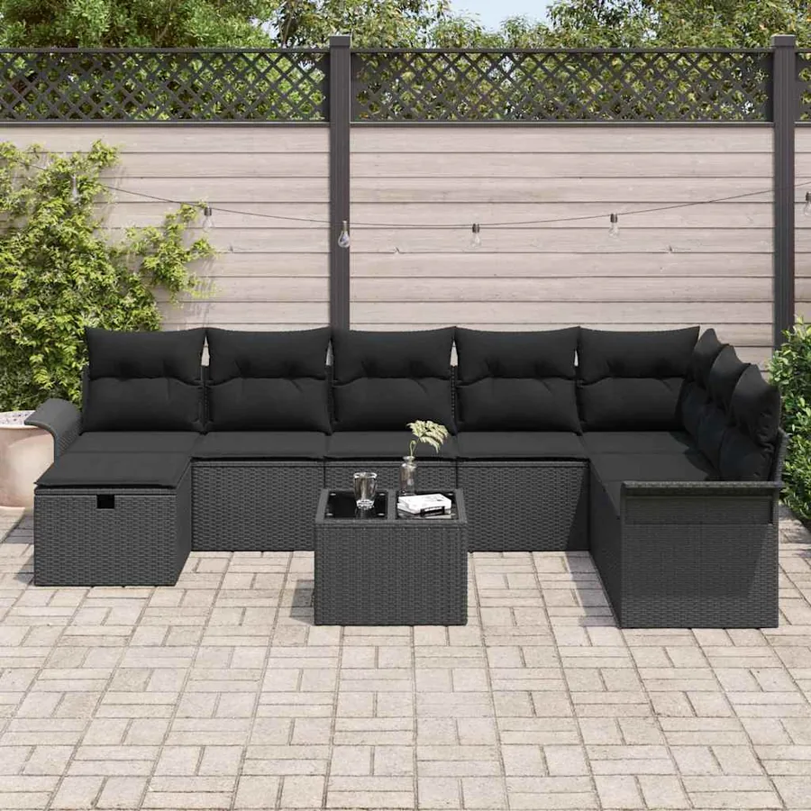 Ensemble de canapé de jardin avec coussin 9 pcs Noir polyrotin - 3