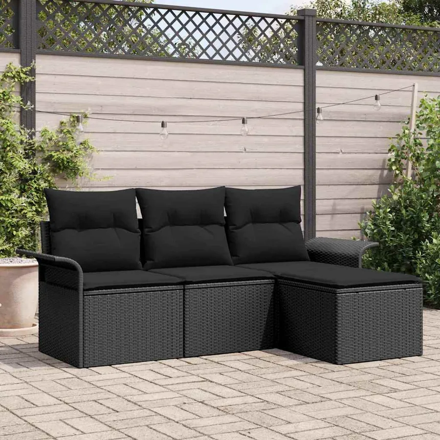 Ensemble de Canapés avec coussin 4 pcs Noir polyrotin