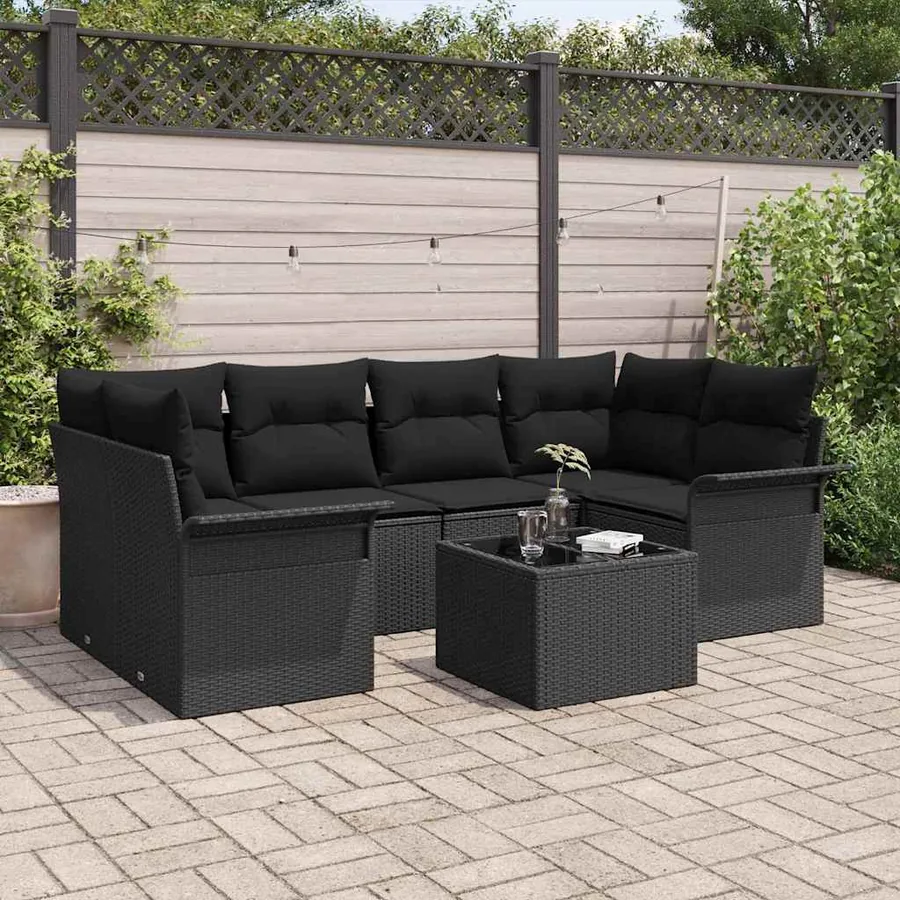 Ensemble de canapé de jardin 7 pcs Noir Poly rotin