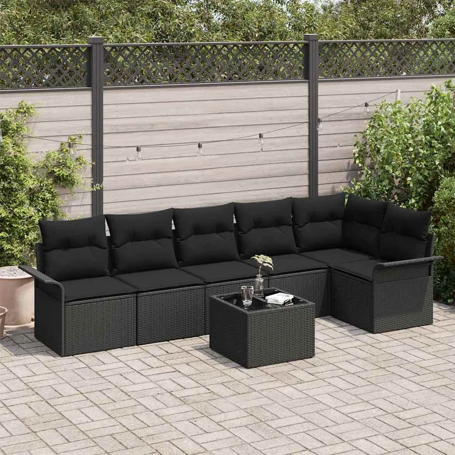Ensemble de canapé de jardin avec coussin 7 pcs Noir polyrotin