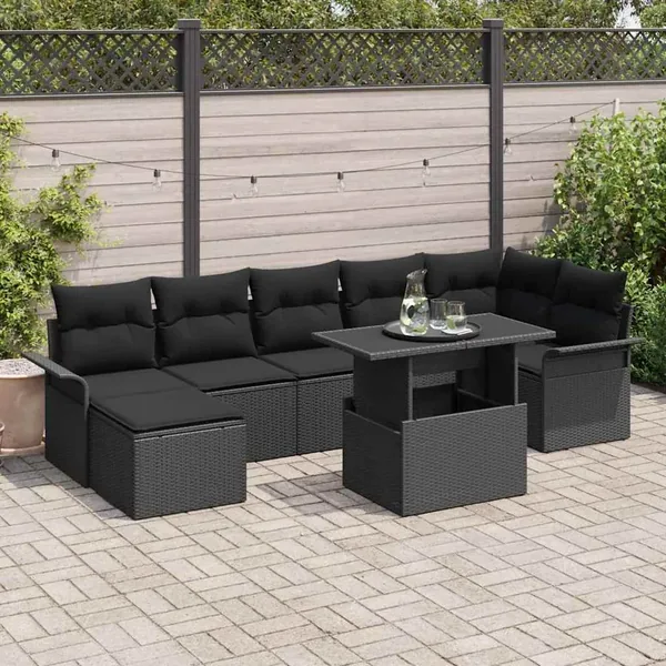 Ensemble de canapé de jardin avec coussin 8 pcs Noir Poly rotin