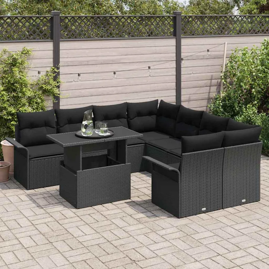 Ensemble de canapé de jardin avec coussin 9 pcs Noir Poly rotin - 3