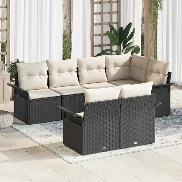 Ensemble de canapé de jardin avec coussin 7 pcs Noir Poly rotin