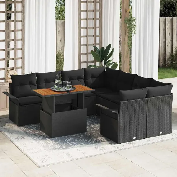 Ensemble de canapé de jardin 9 pcs Noir Poly rotin
