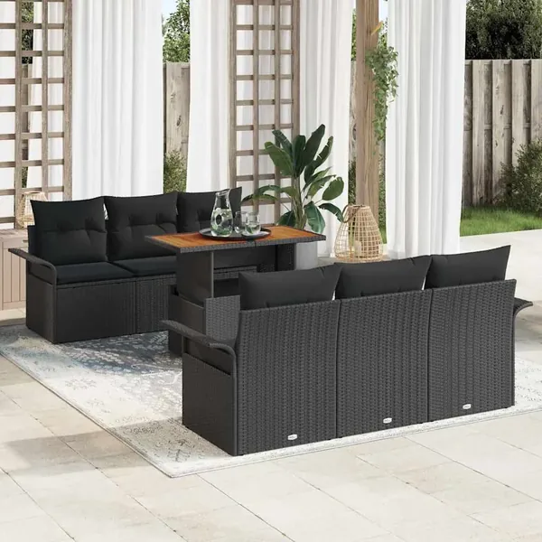 Ensemble de canapé de jardin 7 pcs Noir Poly rotin
