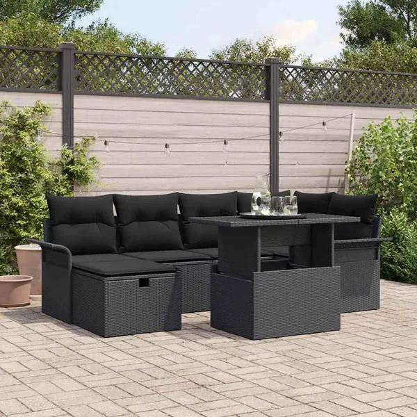 Ensemble de canapé de jardin avec coussin 7 pcs Noir polyrotin