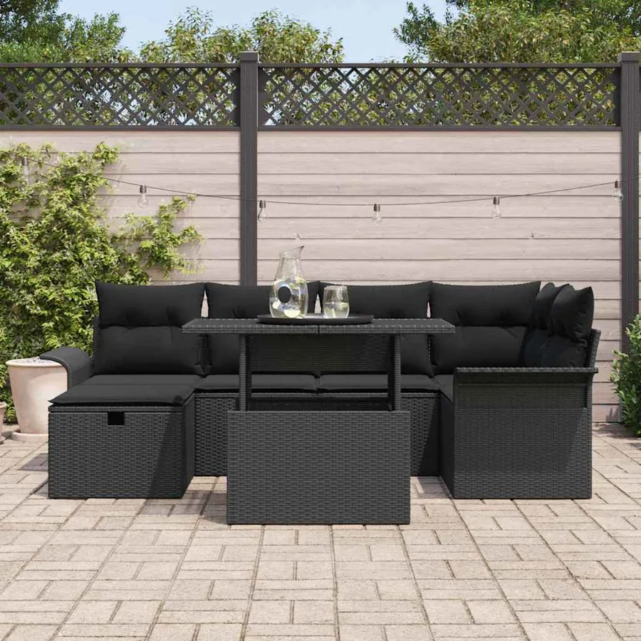 Ensemble de canapé de jardin avec coussin 7 pcs Noir polyrotin - 3