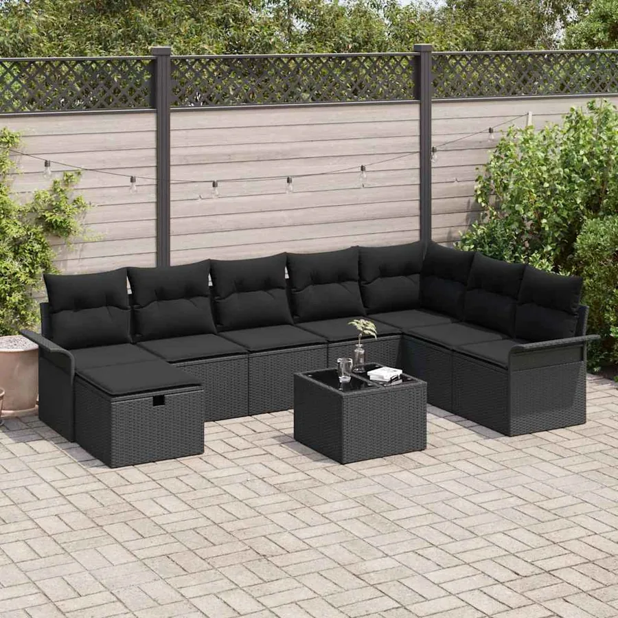 Ensemble de canapé de jardin avec coussin 9 pcs Noir Poly rotin