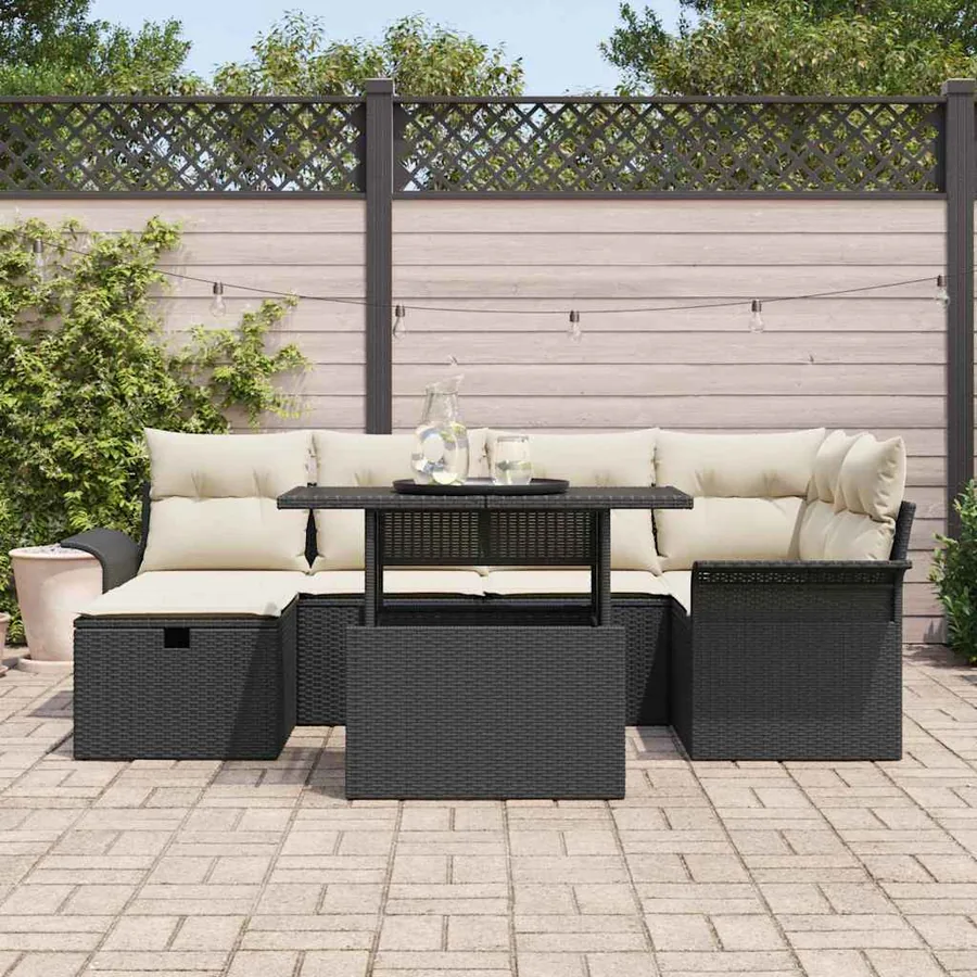 Ensemble de canapé de jardin avec coussin 7 pcs Noir Poly rotin - 3
