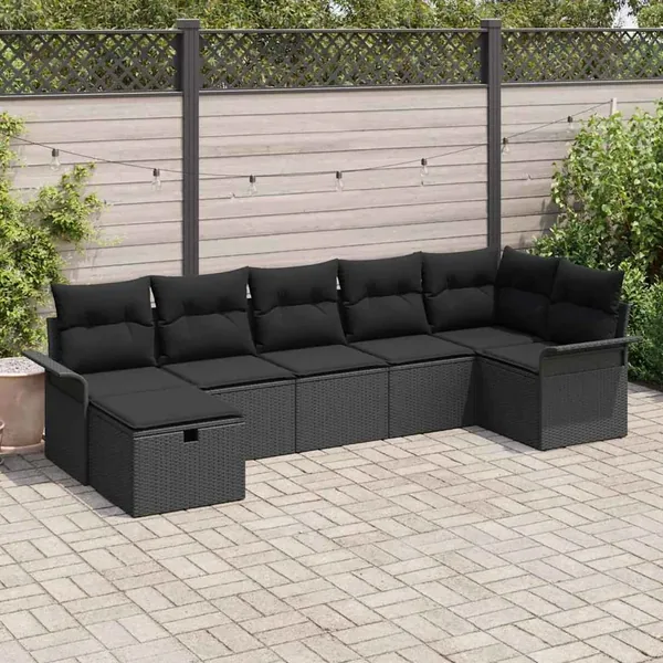 Ensemble de canapé de jardin avec coussin 7 pcs Noir Poly rotin