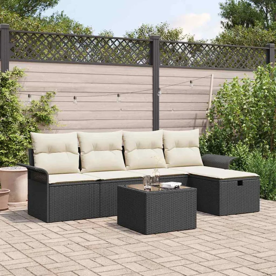 Ensemble de canapé de jardin avec coussin 6 pcs Noir Poly rotin