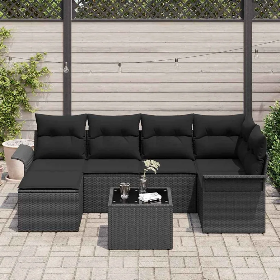 Ensemble de canapé de jardin avec coussin 7 pcs Noir polyrotin - 3