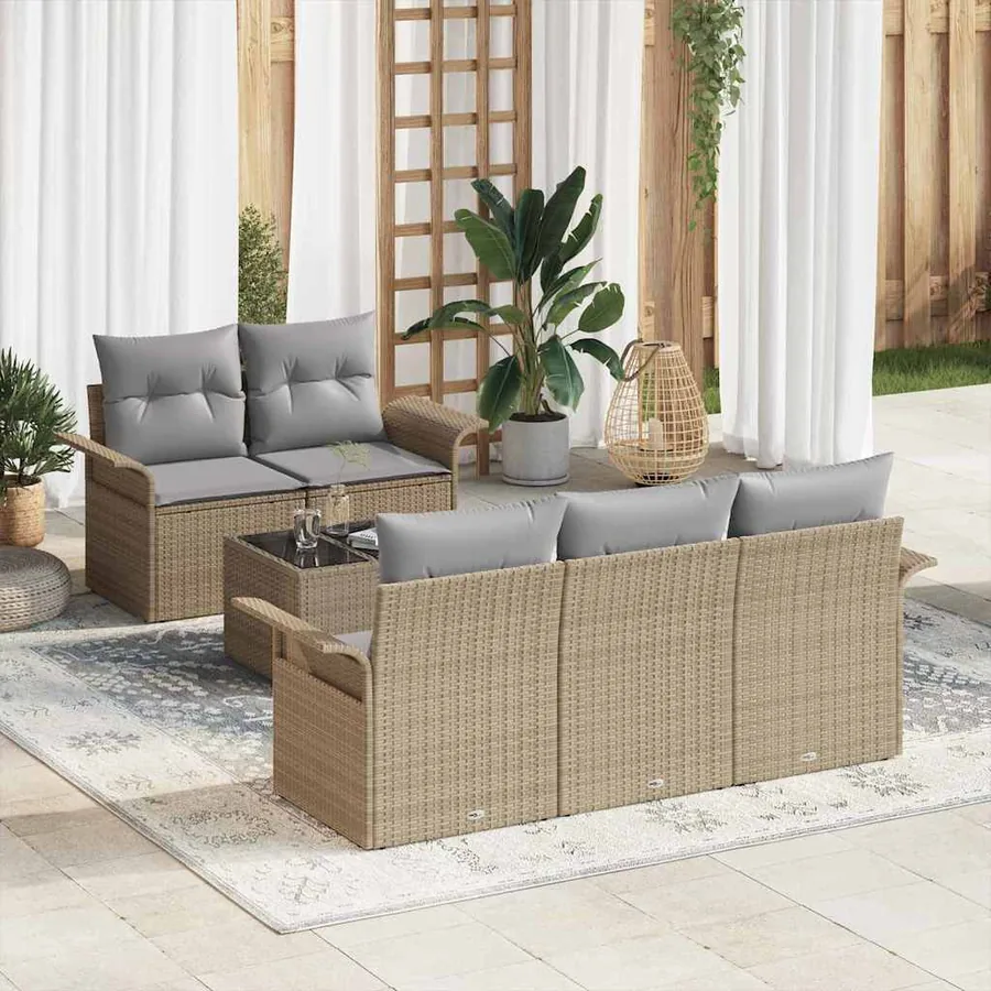 Ensemble de Canapés avec coussin 6 pcs Beige polyrotin