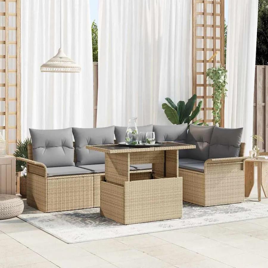 Ensemble de canapé de jardin avec coussin 6 pcs Beige polyrotin