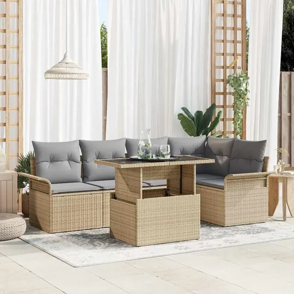 Ensemble de canapé de jardin avec coussin 6 pcs Beige polyrotin