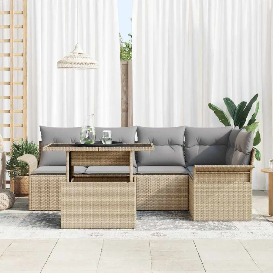 Ensemble de canapé de jardin avec coussin 6 pcs Beige polyrotin - 3