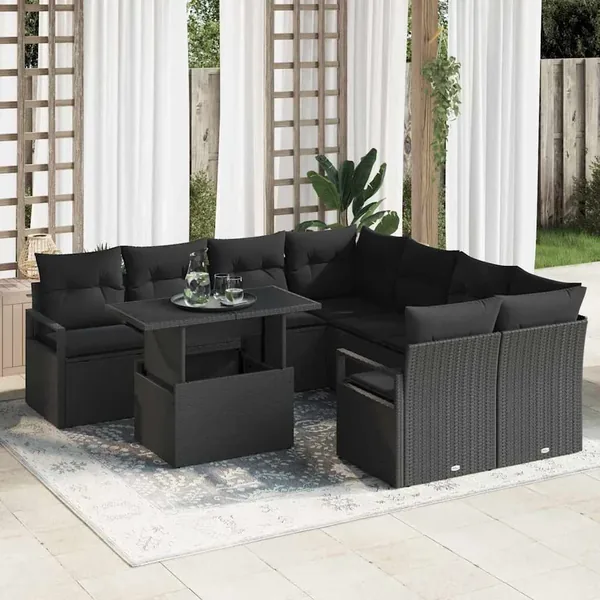 Ensemble de canapé de jardin avec coussin 9 pcs Noir Poly rotin