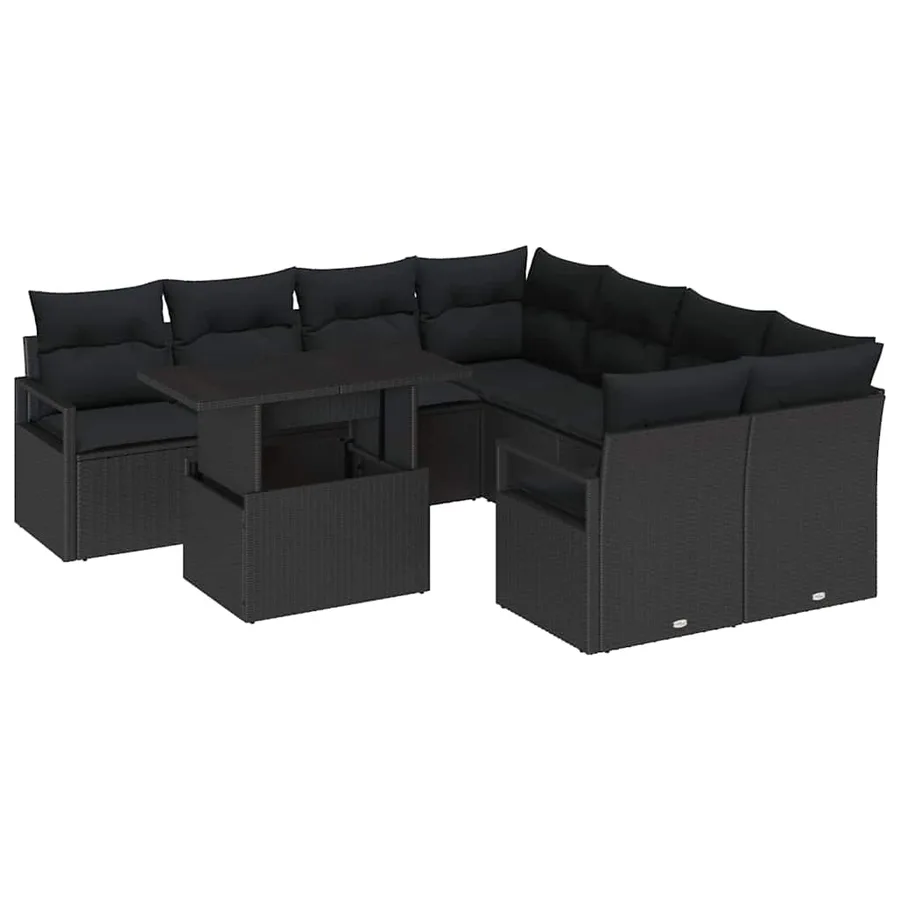Ensemble de canapé de jardin avec coussin 9 pcs Noir Poly rotin - 2