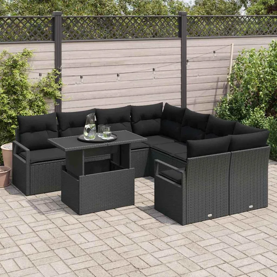 Ensemble de canapé de jardin avec coussin 9 pcs Noir Poly rotin - 3