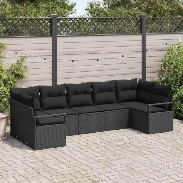 Ensemble de canapé de jardin avec coussin 7 pcs Noir polyrotin