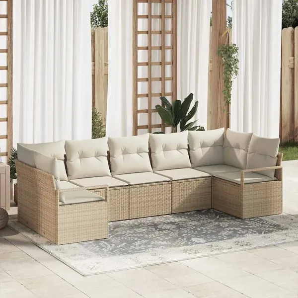 Ensemble de canapé de jardin 7 pcs Beige et blanc polyrotin