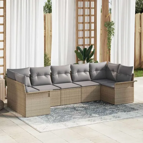 Ensemble de canapé de jardin avec coussin 7 pcs Beige polyrotin
