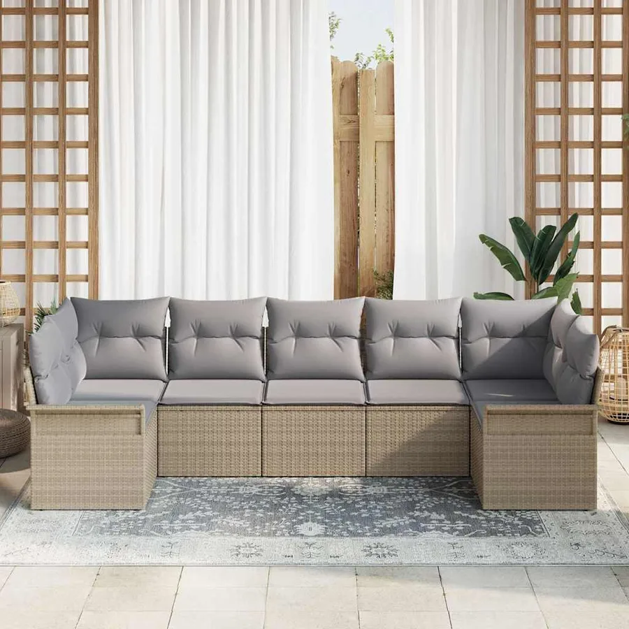 Ensemble de canapé de jardin avec coussin 7 pcs Beige polyrotin - 3