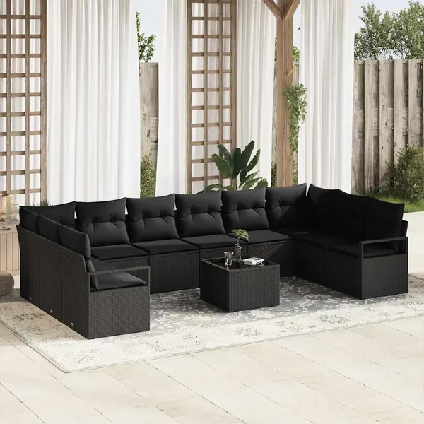 Ensemble de canapé de jardin avec coussin 11 pcs Noir polyrotin