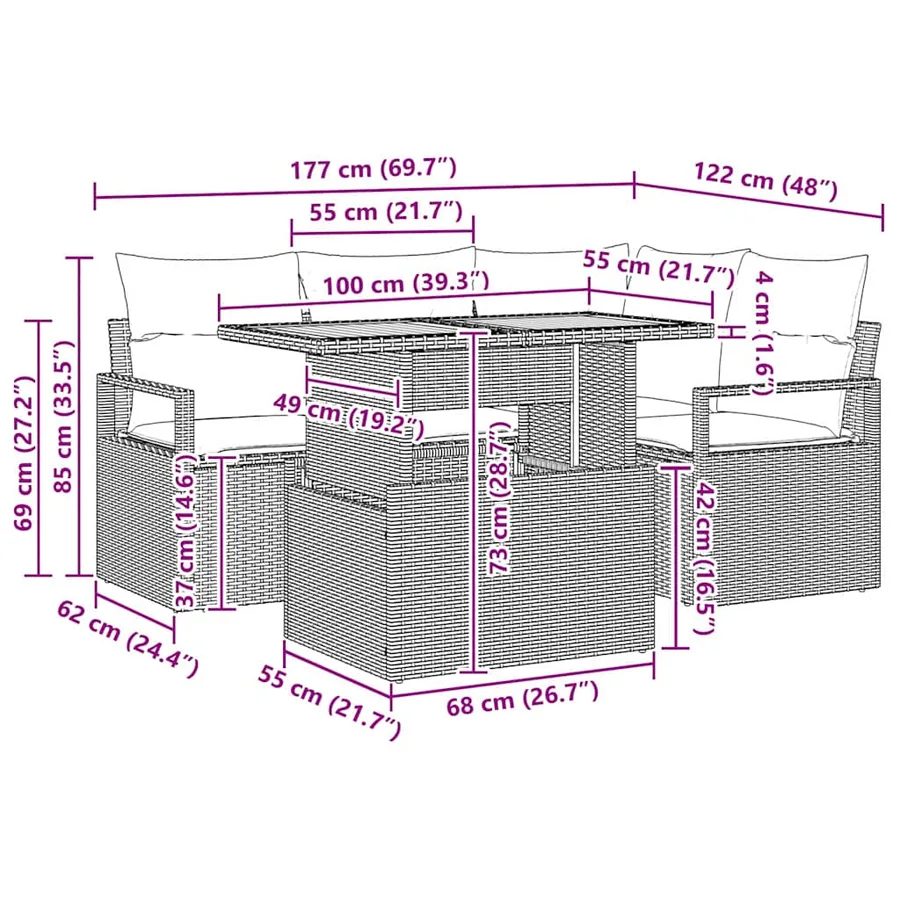 Ensemble de canapé de jardin 5 pcs Noir Poly rotin - 15