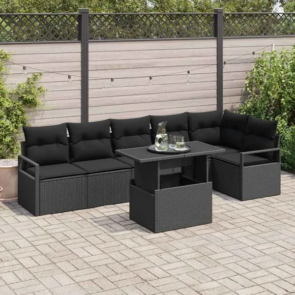 Ensemble de canapé de jardin avec coussin 7 pcs Noir Poly rotin