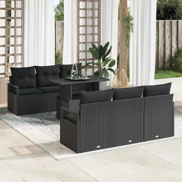 Ensemble de canapé de jardin avec coussin 7 pcs Noir Poly rotin