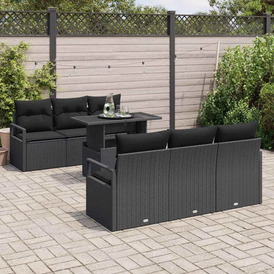 Ensemble de canapé de jardin avec coussin 7 pcs Noir Poly rotin - 3