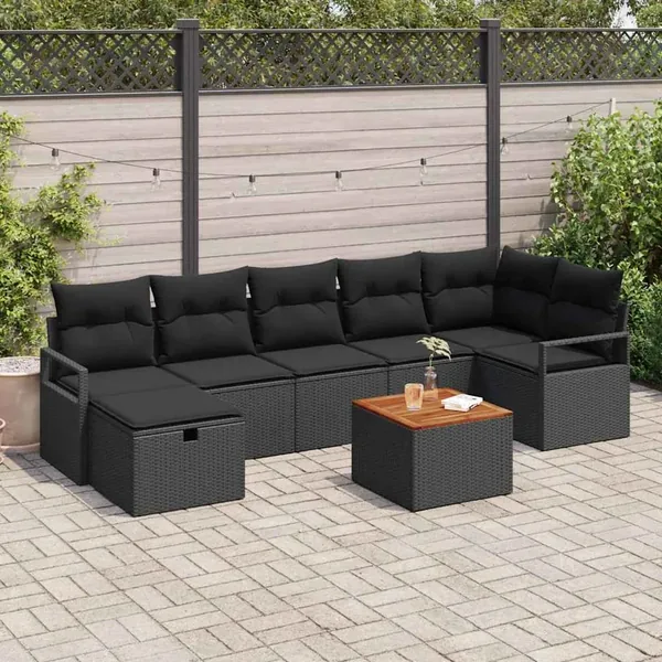 Ensemble de canapé de jardin avec coussin 8 pcs Noir Poly rotin